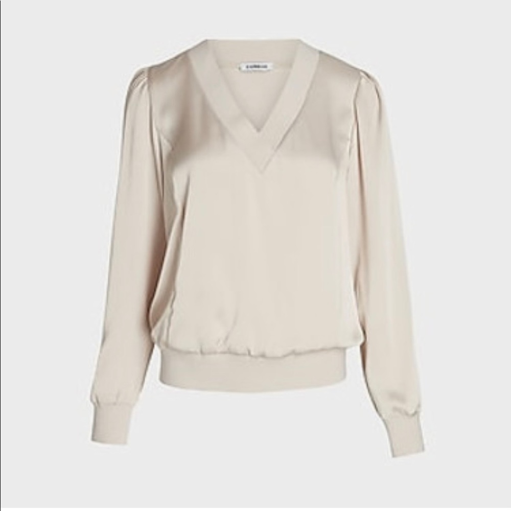 NWT Women Express Satin Ribbed Trim V Neck Top
